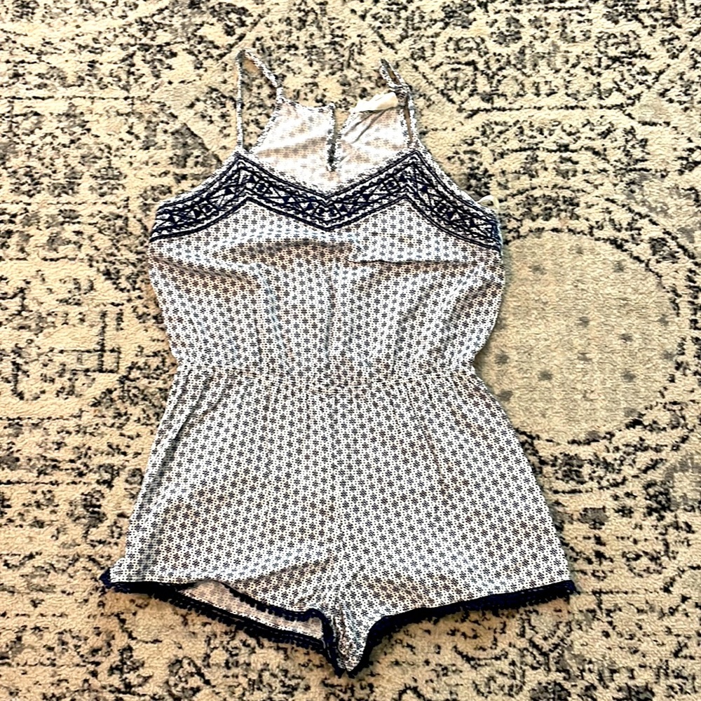 Navy and white embroidered spaghetti strap romper size M